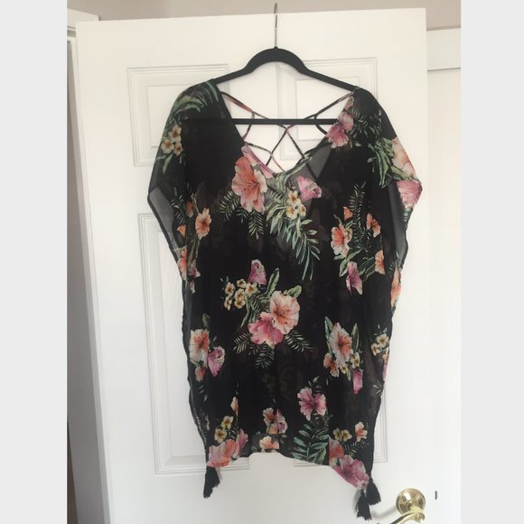 Black Tropical Sheer Swim Cover Up - Picture 1 of 2
